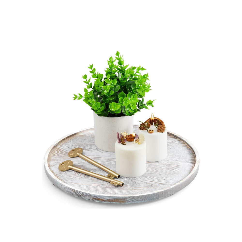 12 Inch Round Wood Tray, Whie Washed Wooden - Image 2